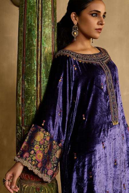 Reeti Arneja_Blue Velvet, Silk, Dupion Embroidery, Sequins, Neel Banjar Kurta And Pant Set _Online_at_Aza_Fashions