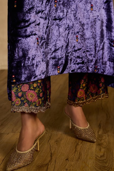 Buy_Reeti Arneja_Blue Velvet, Silk, Dupion Embroidery, Sequins, Neel Banjar Kurta And Pant Set _Online_at_Aza_Fashions