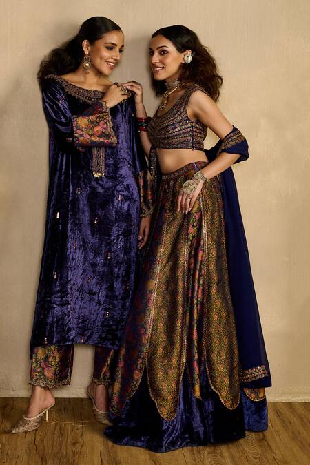 Buy_Reeti Arneja_Blue Handloom Cotton, Silk, Cotton, Net Saanjh Corset And Draped Skirt Set _Online_at_Aza_Fashions