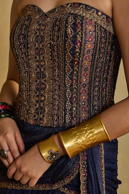 Reeti Arneja_Blue Handloom Cotton, Silk, Cotton, Net Saanjh Corset And Draped Skirt Set _at_Aza_Fashions