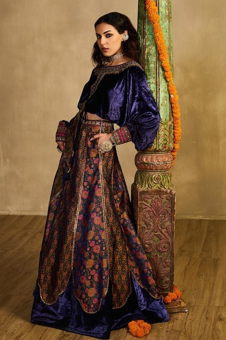 Reeti Arneja Velvet Blouse & Floral Woven Lehenga Set 