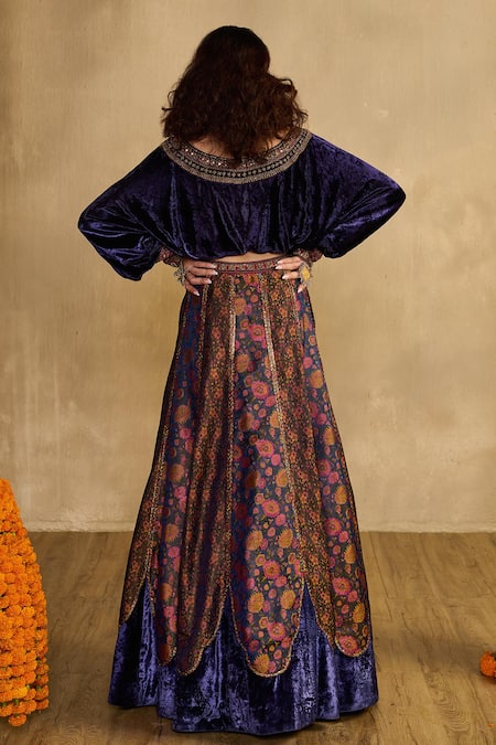Reeti Arneja Velvet Blouse & Floral Woven Lehenga Set 
