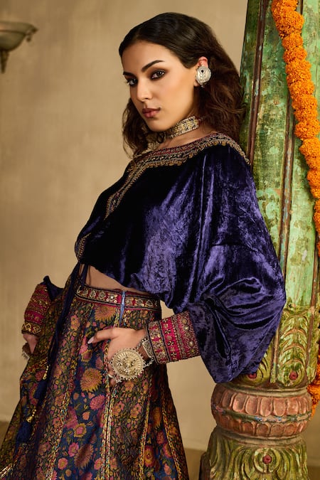 Buy_Reeti Arneja_Blue Velvet, Silk, Handloom Cotton Embroidery, Blouse And Floral Woven Lehenga Set _Online_at_Aza_Fashions