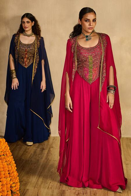 Buy_Reeti Arneja_Navy Handloom Cotton, Silk, Georgette Embroidery Scoop Neck, Jumpsuit With Cape _Online_at_Aza_Fashions