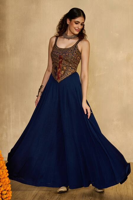 Shop_Reeti Arneja_Navy Handloom Cotton, Silk, Georgette Embroidery Scoop Neck, Jumpsuit With Cape _Online_at_Aza_Fashions