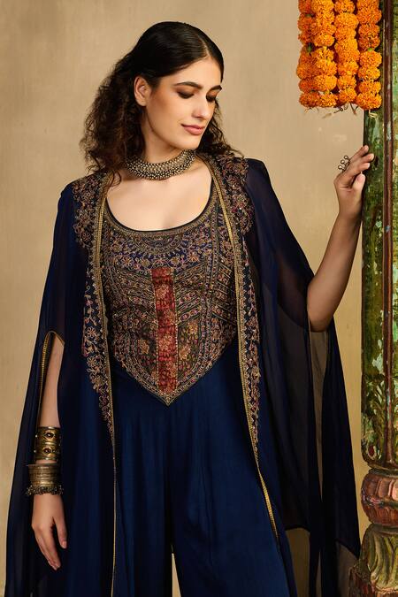 Reeti Arneja_Navy Handloom Cotton, Silk, Georgette Embroidery Scoop Neck, Jumpsuit With Cape _at_Aza_Fashions