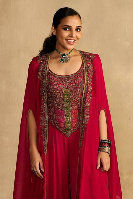 Reeti Arneja_Pink Handloom Cotton, Silk, Georgette Embroidery, Beads, Jumpsuit With Cape _Online_at_Aza_Fashions