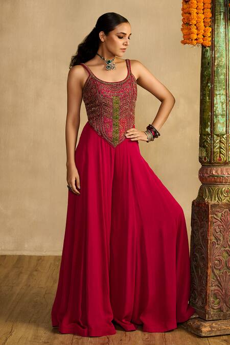 Buy_Reeti Arneja_Pink Handloom Cotton, Silk, Georgette Embroidery, Beads, Jumpsuit With Cape _Online_at_Aza_Fashions