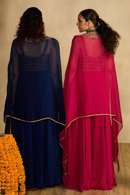 Reeti Arneja_Pink Handloom Cotton, Silk, Georgette Embroidery, Beads, Jumpsuit With Cape _at_Aza_Fashions