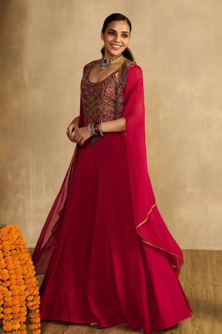 Buy_Reeti Arneja_Pink Handloom Cotton, Silk, Georgette Embroidery, Beads, Jumpsuit With Cape 