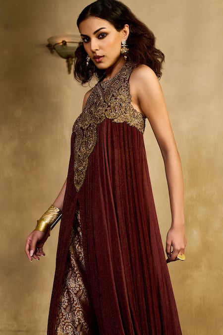 Buy_Reeti Arneja_Maroon Handloom Cotton, Silk, Cotton, Net Begum Pleated Kurta And Pant Set _Online_at_Aza_Fashions