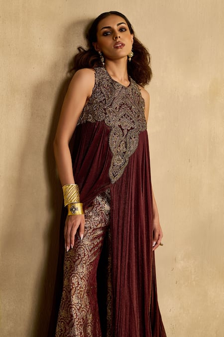 Shop_Reeti Arneja_Maroon Handloom Cotton, Silk, Cotton, Net Begum Pleated Kurta And Pant Set _Online_at_Aza_Fashions