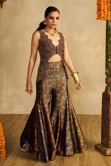 Reeti Arneja_Multi Color Handloom Cotton, Silk Aangan Paisley Blouse And Gharara Set _Online_at_Aza_Fashions