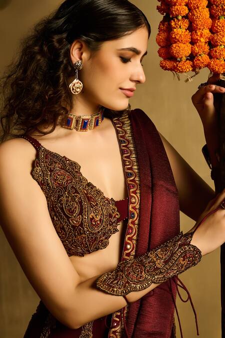 Reeti Arneja_Maroon Georgette Embroidery, Sequins, Metallic Miraaz Paisley Lehenga Set _Online_at_Aza_Fashions
