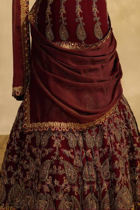 Buy_Reeti Arneja_Maroon Georgette Embroidery, Sequins, Metallic Miraaz Paisley Lehenga Set _Online_at_Aza_Fashions