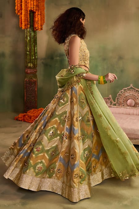 Reeti Arneja_Gold Chanderi Embroidery, Sequins, Gota Patti Rangrez Zig Zag Print Lehenga Set _Online_at_Aza_Fashions
