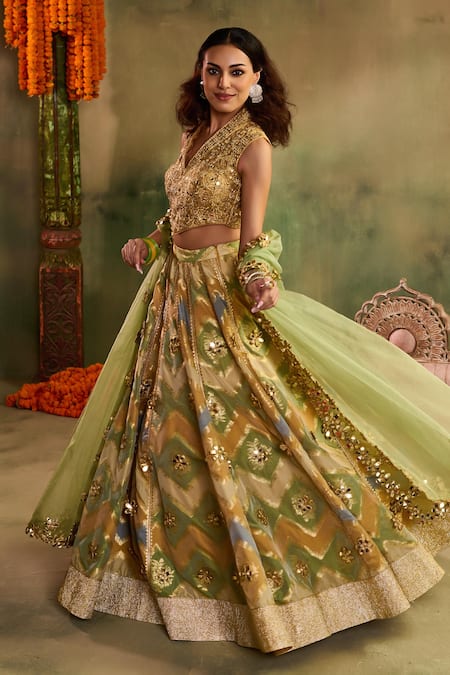 Buy_Reeti Arneja_Gold Chanderi Embroidery, Sequins, Gota Patti Rangrez Zig Zag Print Lehenga Set _Online_at_Aza_Fashions