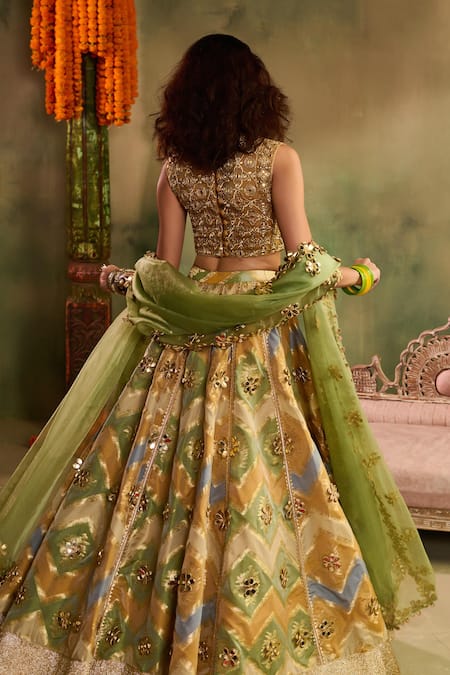 Shop_Reeti Arneja_Gold Chanderi Embroidery, Sequins, Gota Patti Rangrez Zig Zag Print Lehenga Set _Online_at_Aza_Fashions
