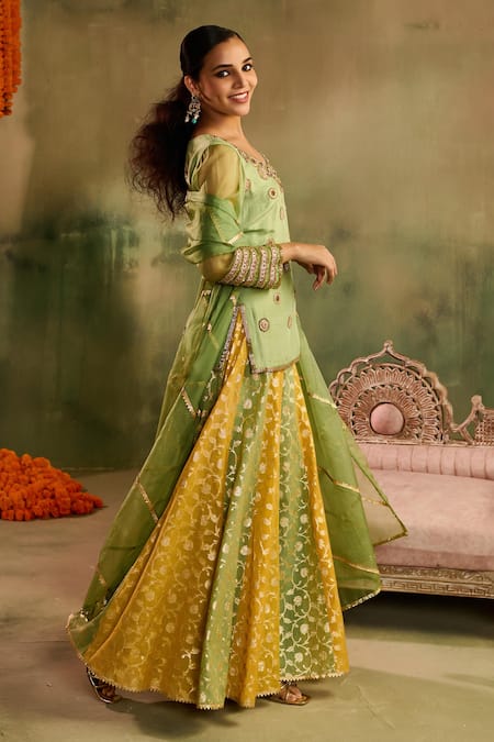 Reeti Arneja_Green Chanderi Embroidery, Sequins, Stones, Gota Rangrez Kurta Sharara Set _Online_at_Aza_Fashions