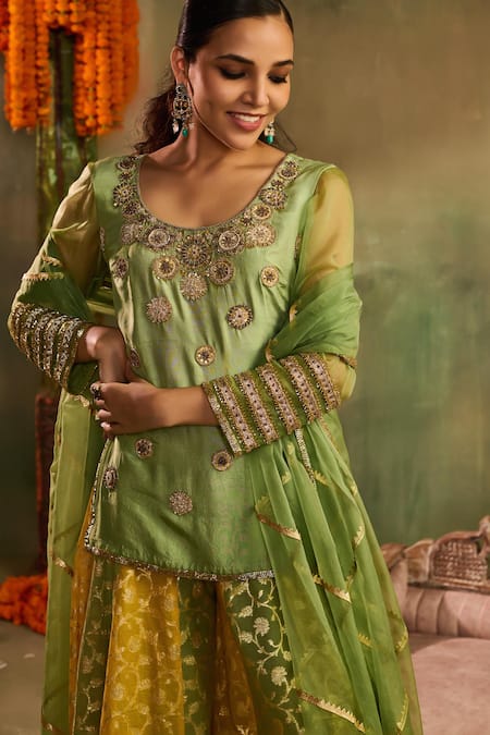 Buy_Reeti Arneja_Green Chanderi Embroidery, Sequins, Stones, Gota Rangrez Kurta Sharara Set _Online_at_Aza_Fashions