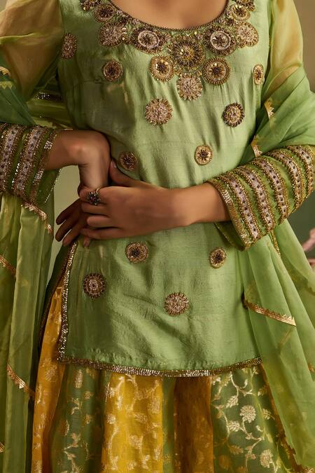 Shop_Reeti Arneja_Green Chanderi Embroidery, Sequins, Stones, Gota Rangrez Kurta Sharara Set _Online_at_Aza_Fashions