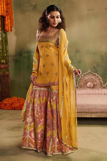Buy_Reeti Arneja_Yellow Chanderi Embroidery, Sequins, Gota Patti, Sunlit Woven Kurta Sharara Set _Online_at_Aza_Fashions