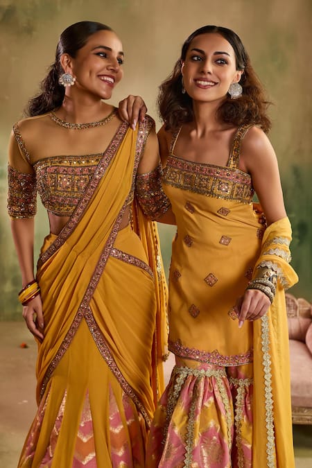 Shop_Reeti Arneja_Yellow Chanderi Embroidery, Sequins, Gota Patti, Sunlit Woven Kurta Sharara Set _Online_at_Aza_Fashions