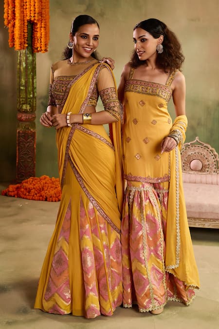 Reeti Arneja_Yellow Chanderi Embroidery, Sequins, Gota Patti, Sunlit Woven Kurta Sharara Set _at_Aza_Fashions