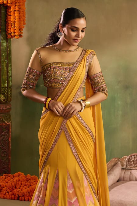 Buy_Reeti Arneja_Yellow Chanderi Sequins, Embroidery, Zari Round Neck, Genda Woven Lehenga Set _Online_at_Aza_Fashions