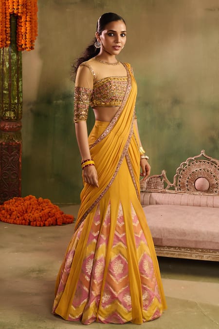 Shop_Reeti Arneja_Yellow Chanderi Sequins, Embroidery, Zari Round Neck, Genda Woven Lehenga Set _Online_at_Aza_Fashions