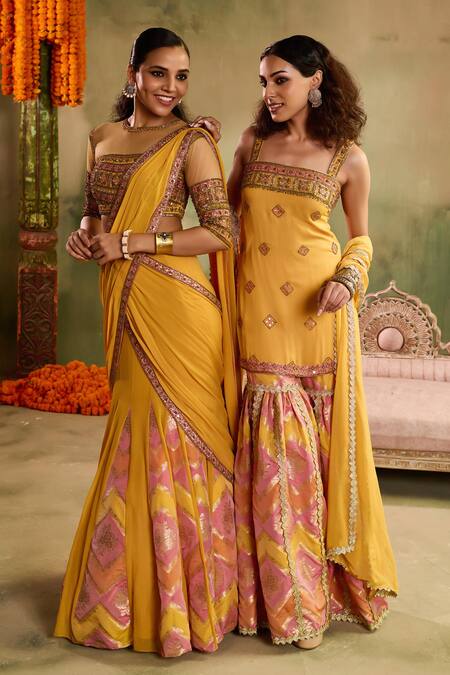 Reeti Arneja_Yellow Chanderi Sequins, Embroidery, Zari Round Neck, Genda Woven Lehenga Set _at_Aza_Fashions