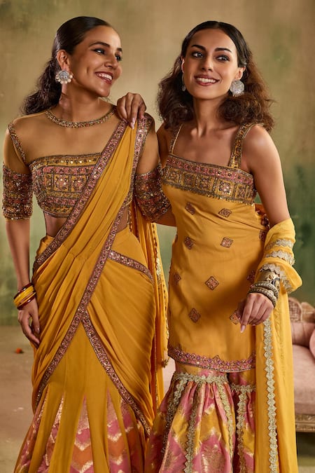 Buy_Reeti Arneja_Yellow Chanderi Sequins, Embroidery, Zari Round Neck, Genda Woven Lehenga Set 