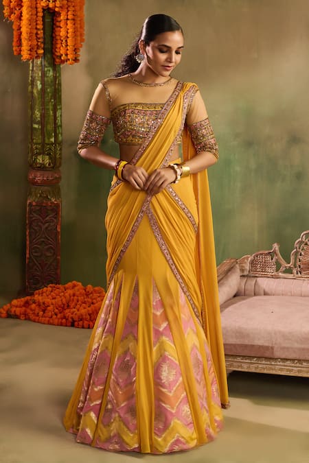 Reeti Arneja Genda Chanderi Woven Lehenga Set 