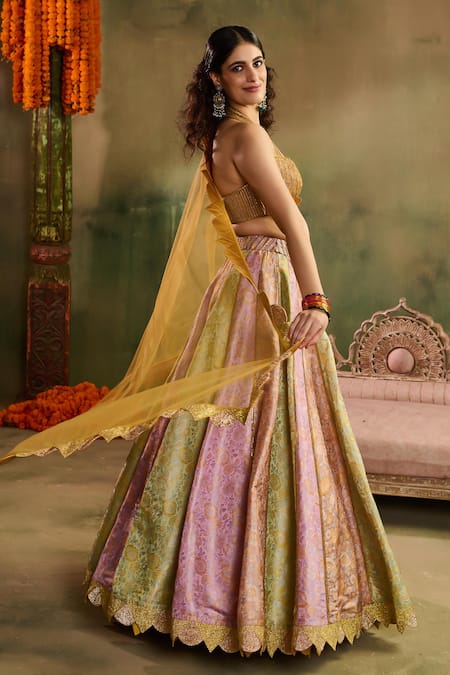 Buy_Reeti Arneja_Gold Chanderi Zari, Gota Patti, Lace, Riwaayat Woven Scalloped Lehenga Set _Online_at_Aza_Fashions
