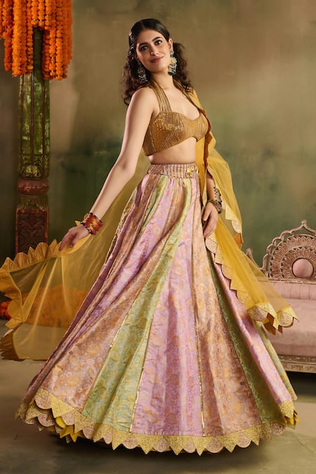 Shop_Reeti Arneja_Gold Chanderi Zari, Gota Patti, Lace, Riwaayat Woven Scalloped Lehenga Set _Online_at_Aza_Fashions