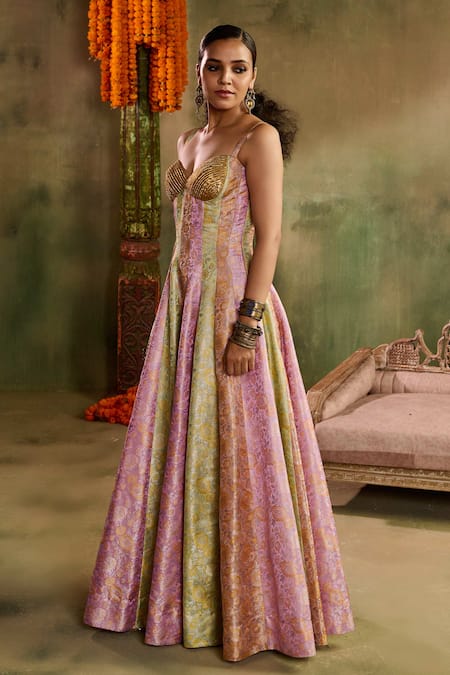 Reeti Arneja_Multi Color Silk Sequins, Embroidery Riwaayat Banarsi Embellished Gown _Online_at_Aza_Fashions