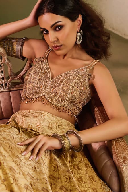 Reeti Arneja_Beige Silk Embroidery, Beads, Fringe, Zari, Sequins Tassel Tara Lehenga Set _Online_at_Aza_Fashions