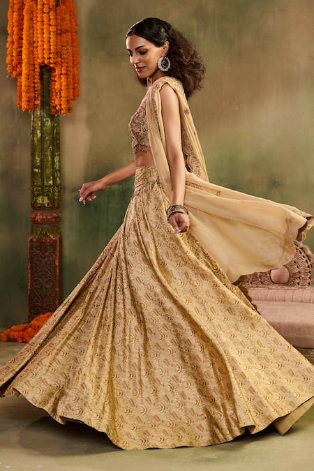 Buy_Reeti Arneja_Beige Silk Embroidery, Beads, Fringe, Zari, Sequins Tassel Tara Lehenga Set _Online_at_Aza_Fashions