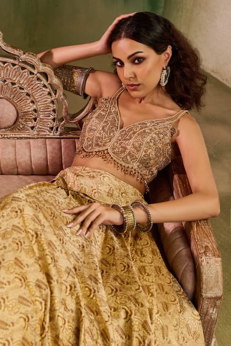 Shop_Reeti Arneja_Beige Silk Embroidery, Beads, Fringe, Zari, Sequins Tassel Tara Lehenga Set _Online_at_Aza_Fashions