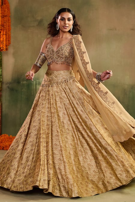 Reeti Arneja_Beige Silk Embroidery, Beads, Fringe, Zari, Sequins Tassel Tara Lehenga Set _at_Aza_Fashions