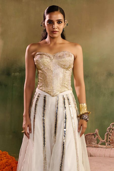 Reeti Arneja_Multi Color Chanderi Embroidery, Chamkeeli Banarasi Corset And Sharara Set _Online_at_Aza_Fashions