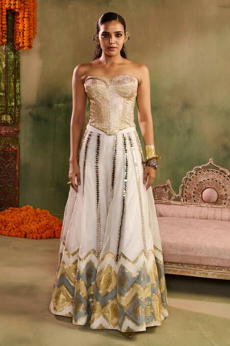 Buy_Reeti Arneja_Multi Color Chanderi Embroidery, Chamkeeli Banarasi Corset And Sharara Set _Online_at_Aza_Fashions