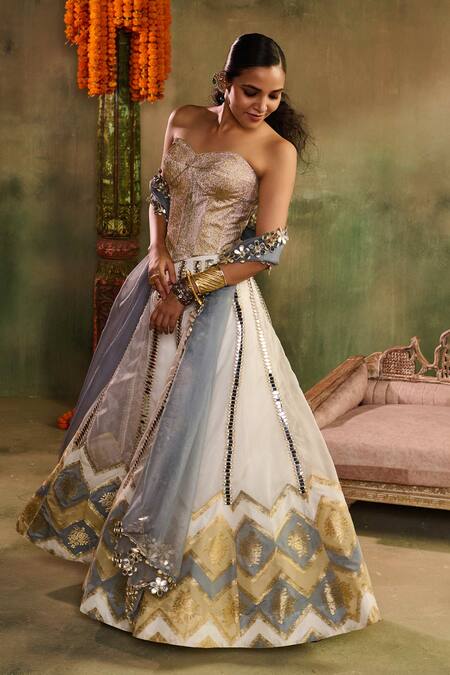 Buy_Reeti Arneja_Multi Color Chanderi Embroidery, Chamkeeli Banarasi Corset And Sharara Set 