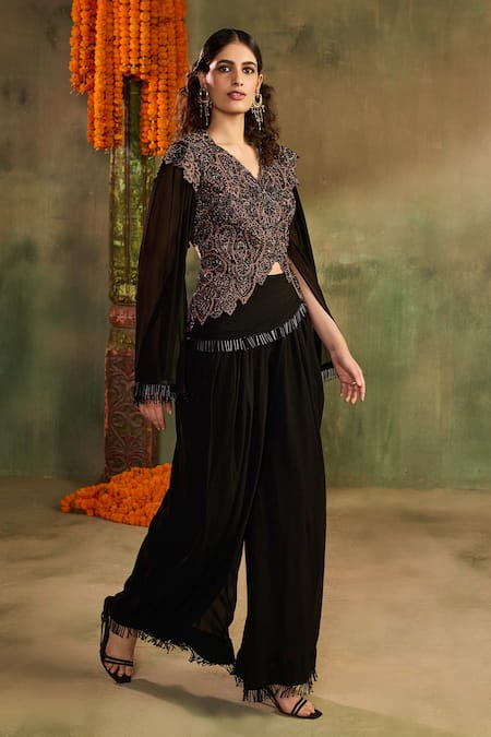 Buy_Reeti Arneja_Black Modal, Satin, Handloom Cotton, Silk Zar Paisley Jacket And Draped Skirt Set _Online_at_Aza_Fashions