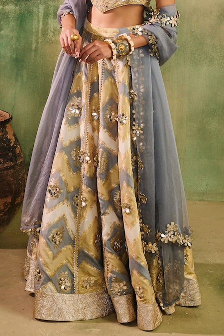 Reeti Arneja_Gold Chanderi Mirrors, Embroidery, Zari, Sequins V-neck, Rangrez Lehenga Set _Online_at_Aza_Fashions