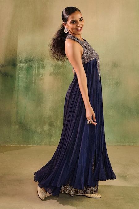 Reeti Arneja_Blue Handloom Cotton, Silk, Cotton, Net Begum Embellished Kurta And Pant Set _Online_at_Aza_Fashions