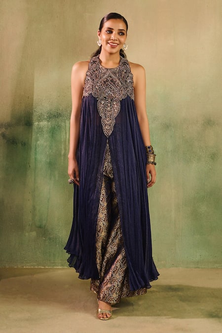 Buy_Reeti Arneja_Blue Handloom Cotton, Silk, Cotton, Net Begum Embellished Kurta And Pant Set _Online_at_Aza_Fashions