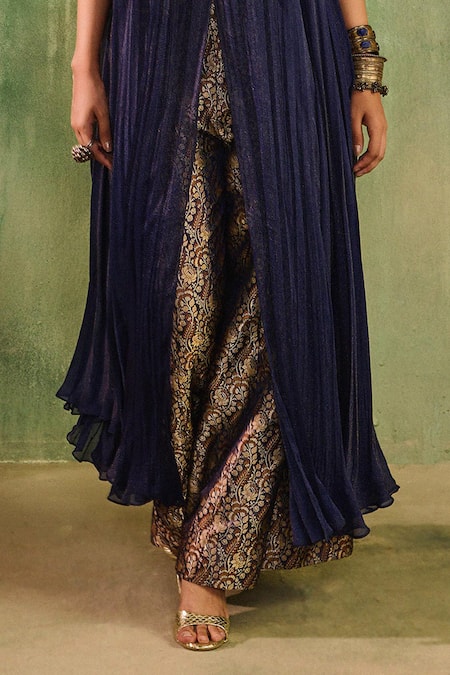 Shop_Reeti Arneja_Blue Handloom Cotton, Silk, Cotton, Net Begum Embellished Kurta And Pant Set _Online_at_Aza_Fashions