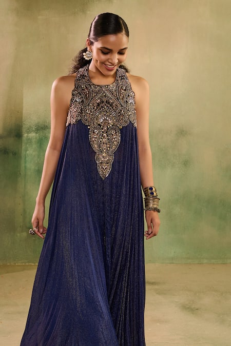 Reeti Arneja_Blue Handloom Cotton, Silk, Cotton, Net Begum Embellished Kurta And Pant Set _at_Aza_Fashions