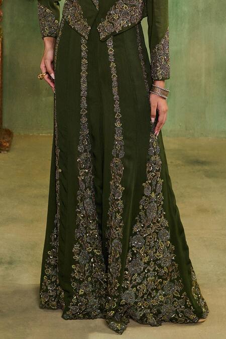 Reeti Arneja_Green Georgette Embroidery, Beads, Sequins, Raabta Jacket And Sharara Set _Online_at_Aza_Fashions